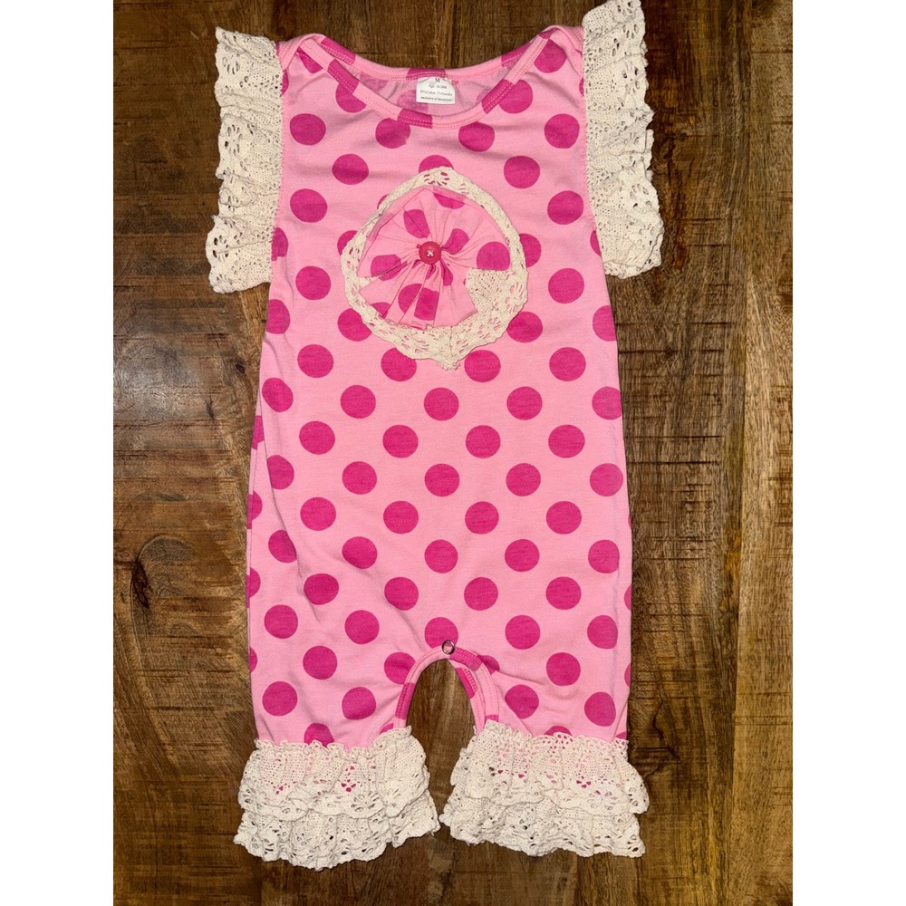 Pink Polka Dot Ruffle Romper Lace Trim Crochet Flower Infant 18-24M